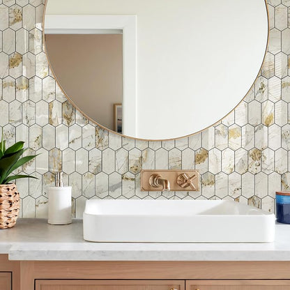 Vamos Tile Long Hexagon Peel and Stick Backsplash Tile - 10 Sheets Stick on Backsplash for Kitchen and Bathroom 12.4 x 12 Inch Glossy Pandora Marble with Gold Veining PVC Self Adhesive Wall Tiles