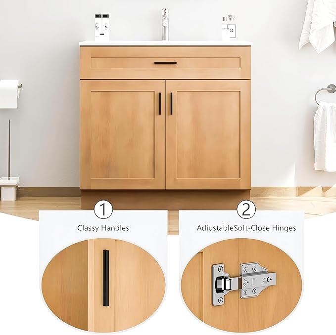 36 Inch Bathroom Vanity with Sink, Farmhouse Style Natural Wood Grain, Double Door Open Storage, Thickened Material & Sturdy Frame, Freestanding Ceramic Sink Vanity(Natural Oak)