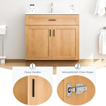 36 Inch Bathroom Vanity with Sink, Farmhouse Style Natural Wood Grain, Double Door Open Storage, Thickened Material & Sturdy Frame, Freestanding Ceramic Sink Vanity(Natural Oak)
