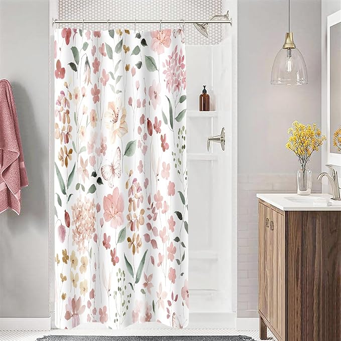 Small Stall Shower Curtain 36 x 72 Inch, Half Narrow Blush Pink Floral Shower Curtain for Bathroom, Watercolor Flower Butterfly Fabric Shower Curtain Set with Hooks, Coral Pink, Peach
