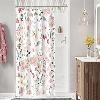 Small Stall Shower Curtain 36 x 72 Inch, Half Narrow Blush Pink Floral Shower Curtain for Bathroom, Watercolor Flower Butterfly Fabric Shower Curtain Set with Hooks, Coral Pink, Peach