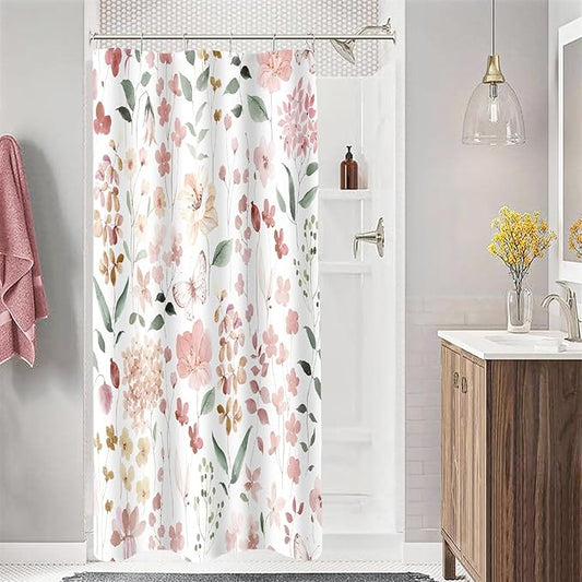 Small Stall Shower Curtain 36 x 72 Inch, Half Narrow Blush Pink Floral Shower Curtain for Bathroom, Watercolor Flower Butterfly Fabric Shower Curtain Set with Hooks, Coral Pink, Peach