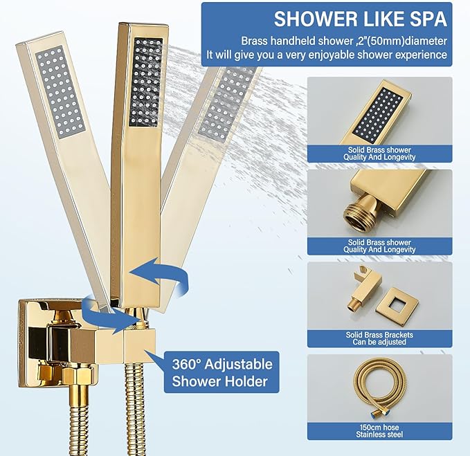 Polished Gold Shower System 12 Inch LED Square Rainfall Shower Head Ceiling Mount Shower Faucet Set with Hand Sprayer Rough-in Valve Trim Kit Bathroom Mixer Shower Combo Set