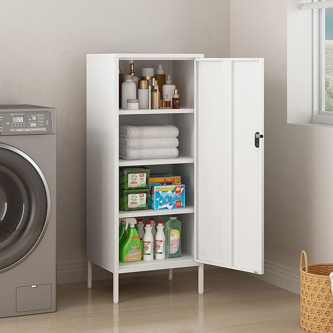 Metal Locker Cabinet Lockable Bathroom Storage Cabinet Black 4 Tier Employee Lockers for Home, School, Office, Garage (White, 19.69" D x 15.75" W x 49.21" H)