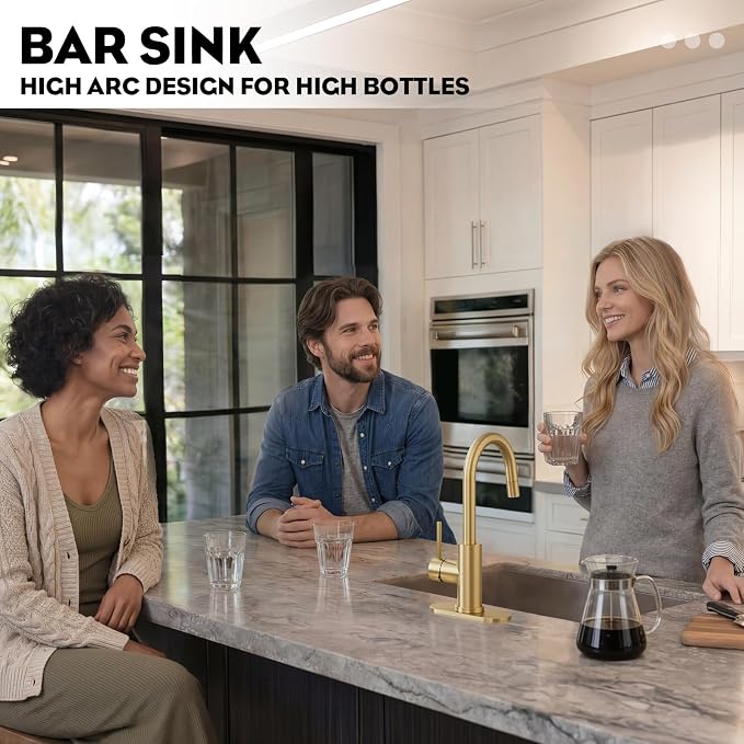 High Arc Pull-Down Bathroom Faucet, Brushed Gold Single Handle with Pull Out Sprayer & Pop-Up Drain, 1 or 3 Hole 2 Model RV Bar Laundry Utility Sink Faucet with Deck Plate, WE08CL-ZY-BG