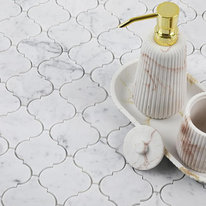 3 Inch Arabesque Carrara White Marble Mosaic Tile for Wall Floor, 5 Sheets | Water & Heat Resistant Polished Marble Backsplash Tiles for Kitchen Bathroom Fireplace Surround Durable Unique Veins 3.9SQFT