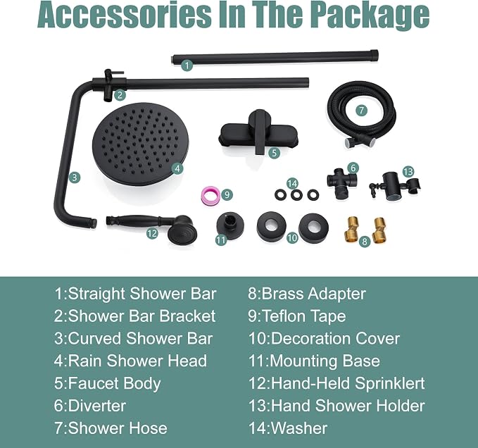 Heyalan Exposed Shower System, 8 Inch Rain Head, Handheld, Matte Black | Exposed shower system with 8 inch rain head, handheld sprayer, single handle control, and complete wall-mounted setup.