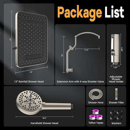 Hibbent 13'' 5 Spray Showerhead, 10 Mode Filtered Handheld, Brushed Nickel | High Pressure Rain Showerhead, 4-way Diverter, Upgraded Heightened All Metal Extension Arm, 71'' Hose & Holder, Easy Reach