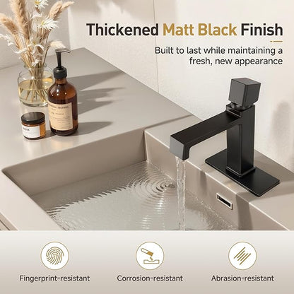 Modern Single Hole Bathroom Faucet | 7.4" Matte Black Luxury Single Handle Bathroom Faucet with Solid Brass Body, Spot-Free Finish & Anti-Splash | 1 or 3 Hole | Geometric Square Design