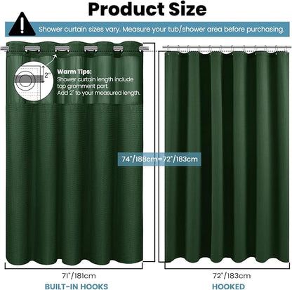 SORTTO No Hook Shower Curtain with Snap in Liner Set Waffle Shower Curtain for Bathroom Hotel Style Fabric Waterproof Inner Liner，71" W x 74" H, Dark Green