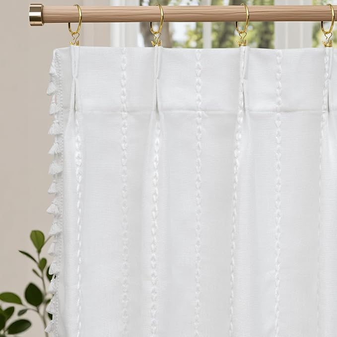 Seenus Boho Farmhouse Window Curtain with Tassels, 30 x 24 Inch Light Filtering Sheer Short Cafe Window Curtain Tier, White Linen Textured Pleated Small Window Drape for Kitchen or Bathroom, 1 Panel