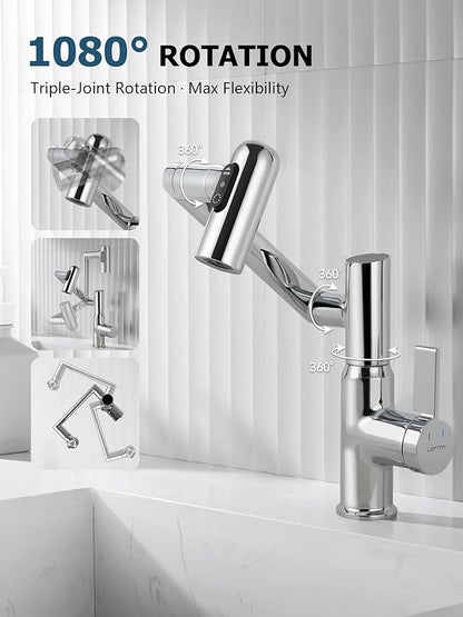 Lefton Rotatable Bathroom Faucet with Temperature Display in Fahrenheit (Batteries-Free), 3 Water Modes, Chrome, BF2204-1