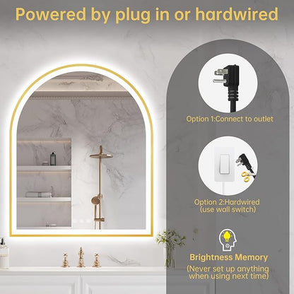30"x36" Arched LED Mirror for Bathroom, Brushed Gold Lighted Bathroom Mirror with Lights, Fogless, Dimmable, Shatterproof, Touch Sensor, 3 Color Changing