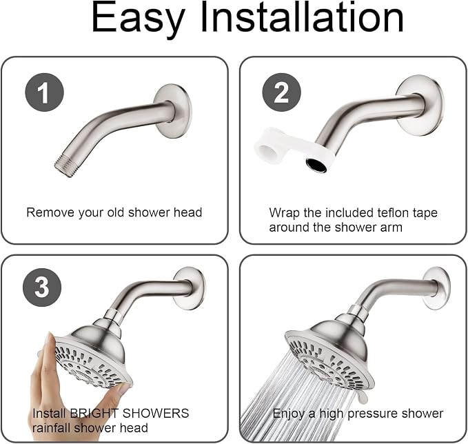 BRIGHT SHOWERS High Pressure Rain Shower Head, Fixed Shower Head with 5 Spray Settings, Adjustable Angle and Anti-Clog Nozzles, Brushed Nickel