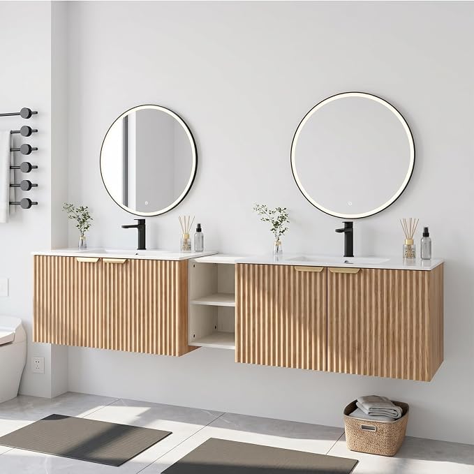 84 Inch Floating Bathroom Vanity with Double Sink, Bathroom Double Sink Cabinet with Soft Close Door Waterproof Storage, Wood Color(wt)