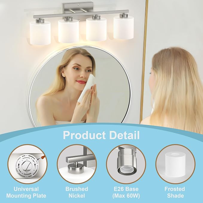 Honesorn 4-Light Bathroom Light Fixtures Over Mirror, Brushed Nickel | Bathroom Light with Milky White Frosted Shades, Anti-Rust Finish, E26 Socket(Bulbs Not Included)
