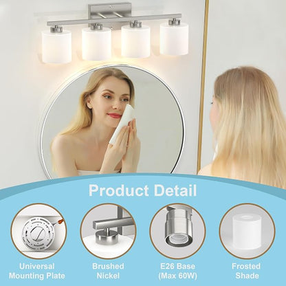 Honesorn 4-Light Bathroom Light Fixtures Over Mirror, Brushed Nickel | Bathroom Light with Milky White Frosted Shades, Anti-Rust Finish, E26 Socket(Bulbs Not Included)