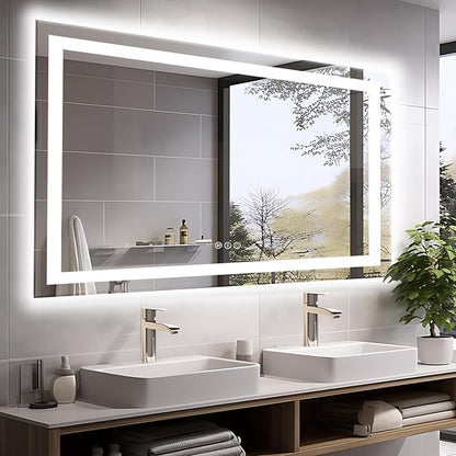 EchosLife 60"x40" LED Mirror for Bathroom | Backlit + Front Lit, Anti-Fog, Stepless Dimmable, 3 Colors, Memory, Tempered Glass, UL Listed, Horizontal/Vertical