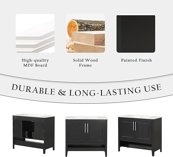 LUMISOL 36 Inch Bathroom Vanity with Ceramic Sink, Modern Black Bathroom Sink Cabinet with 2 Drawers, Storage Racks & Open Shelf, Solid Wood Bathroom Vanity with Sink Combo, Black