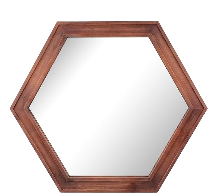 Stonebriar Decorative 24" Hexagon Wall Mirror with Redwood Frame and Attached Hanging Bracket, Decorative Country Rustic Decor for The Living Room, Bedroom, Bathroom, Hallway, and Entryway