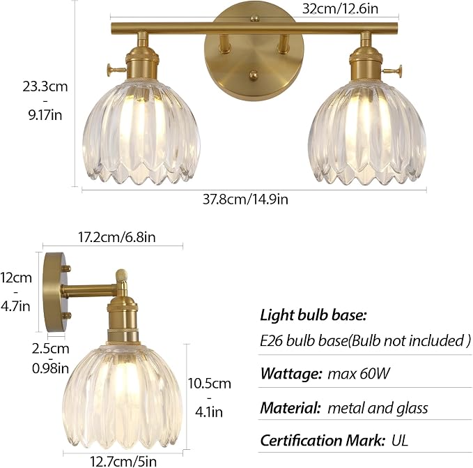 Gold 2 Light Bathroom Vanity Light,14.9in Modern Bathroom Lighting Fixtures Over Mirror with Tulip Crystal Glass Shade,Brass Vintage Vanity Lights for Bathroom Living Room Bedroom（not include bulbs)