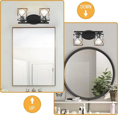 2-Lights Vanity Lights, Matte Black Farmhouse Wall Lights with Clear Glass Shade, Over Mirror Vanity Light, Kitchen Bedroom Bathroom Wall Lamp