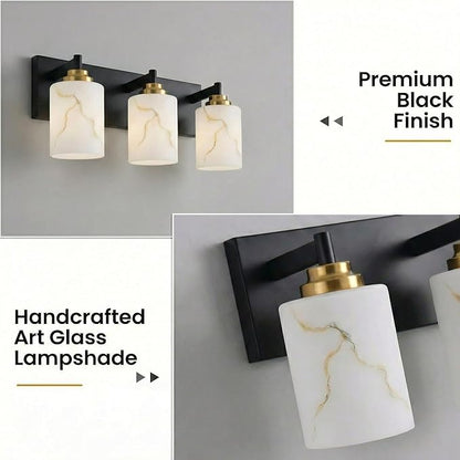 3-Light Bathroom Light Fixture, Black and Gold Modern Vanity Light with White Marble Glass Shade, for Bathroom Mirror, Living Room, Bedroom, Hallway, E26 Base, Extended Base