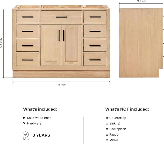 ARIEL Hepburn 48-inch Bathroom Vanity Base Cabinet,Solid Wood, 2 Soft Closing Doors, 9 Dovetail Drawers, White Oak