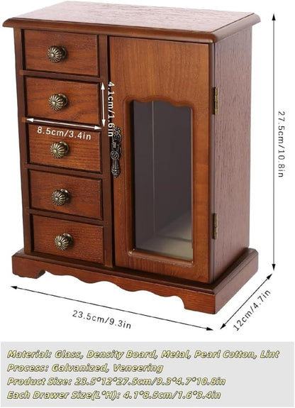Vintage Wood Jewelry Box with 5 Drawers, Desktop Jewelry Organizer with Glass Door & Mirror, Necklace Ring Storage Display Case Built-in Necklace Carousel, Brown (Dark Brown, 5 Drawers)