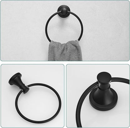 Hoimpro Matte Black 4-Piece Bathroom Bath Set, Wall Mount Bathroom Hardware Fixture (Adjustable Towel Bar Rack, Towel Ring Holder, Paper Towel Holder, Double Towel Hook), Bathroom Accessories