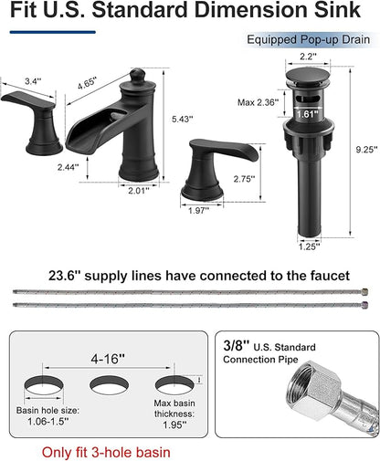 4-16 Inch Widespread Black Bathroom Faucet 3 Hole, Brass Waterfall Bathroom Sink Faucet 2 Handles with Pop-up Drain & cUPC Water Hoses for Vanity, Farmhouse, Lavatory