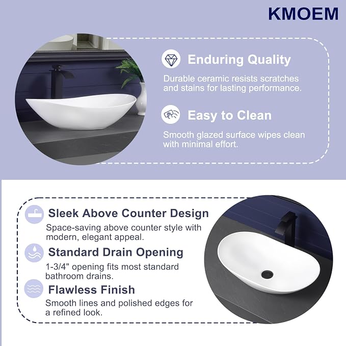 Vessel Sink 23.8"x14.2" Oval Bathroom Sink Modern White Porcelain Ceramic Above Counter Vanity Sink for Bathrooms Art Basin