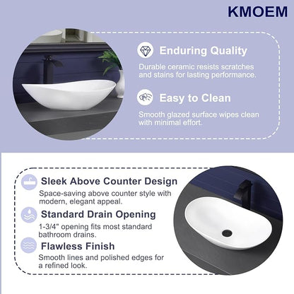 Vessel Sink 23.8"x14.2" Oval Bathroom Sink Modern White Porcelain Ceramic Above Counter Vanity Sink for Bathrooms Art Basin