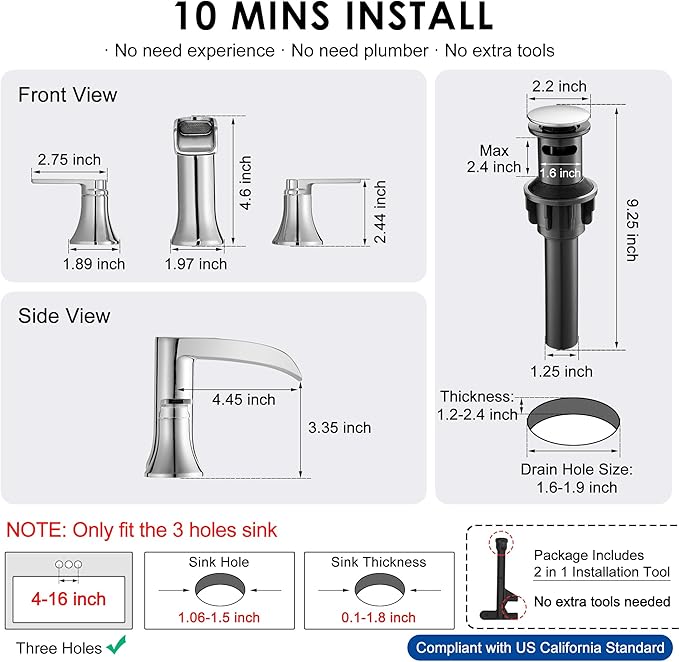 Chrome Modern Bathroom Faucet Waterfall 4-8 Inch 3 Hole Bathroom Sink Faucet Widespread with Pop-up Drain and cUPC Supply Line, 2 Handle for Vanity, Lavatory, Restroom, Apartment, Brass Material