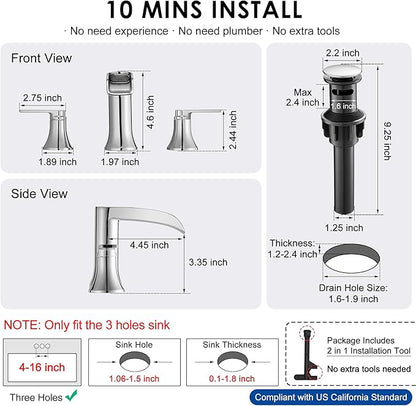 Chrome Modern Bathroom Faucet Waterfall 4-8 Inch 3 Hole Bathroom Sink Faucet Widespread with Pop-up Drain and cUPC Supply Line, 2 Handle for Vanity, Lavatory, Restroom, Apartment, Brass Material