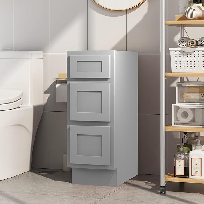 Vanity Art 12 Inch Bathroom Vanity Small Base Cabinet with 3 Soft Closing Shaker Drawers, Strudy Floor Mount Cabinets for Storage Shaving, Washroom Accessories, VA4012-3G