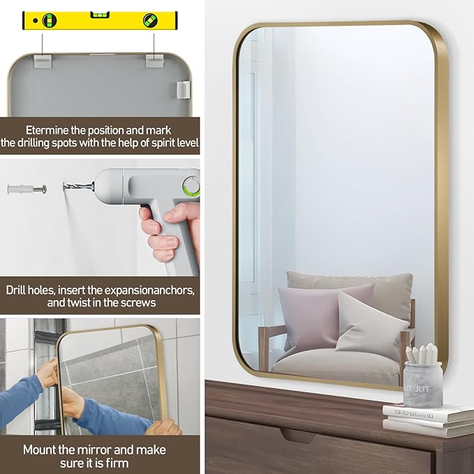Gold Mirror, 24x32 Inch Gold Rectangle Mirror, Aluminum Alloy Framed Vanity Mirror, Rounded Rectangle Bathroom Mirror for Over Sink, Anti-Rust Wall Mirror (Horizontally or Vertically)