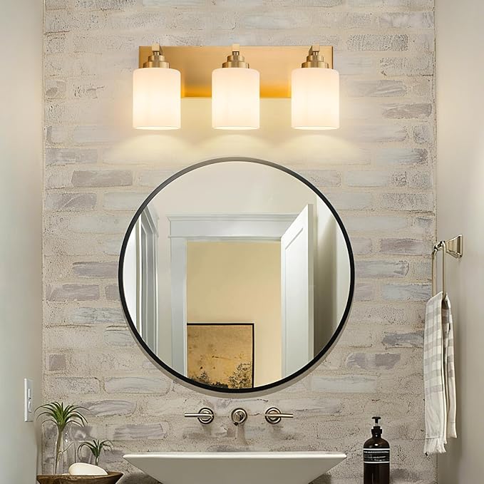 Vanity Lights for Bathroom, 3-Light Brushed Gold Bathroom Vanity Light Over Mirror with Milky White Glass Shades, Modern Bathroom Light Fixtures for Living Room Hallway Cabinet (Bulbs Not Included)