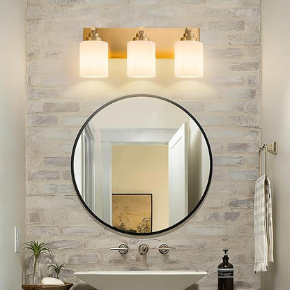 Vanity Lights for Bathroom, 3-Light Brushed Gold Bathroom Vanity Light Over Mirror with Milky White Glass Shades, Modern Bathroom Light Fixtures for Living Room Hallway Cabinet (Bulbs Not Included)
