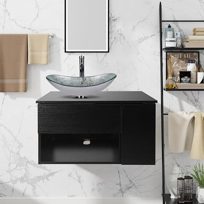 28-Inch Black Floating Bathroom Vanity with 1-Door and 1-Drawer, Modern Wall Mounted Cabinet with Silver Boat Glass Vessel Sink