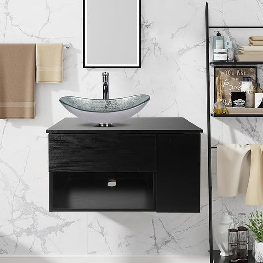 28-Inch Black Floating Bathroom Vanity with 1-Door and 1-Drawer, Modern Wall Mounted Cabinet with Silver Boat Glass Vessel Sink