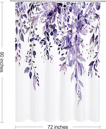 Purple Eucalyptus Shower Curtain, Watercolor Floral Print, 72x90 | Watercolor Plant Leaves Floral Print, Waterproof Fabric Bathroom Decor, Machine Washable, Rustproof Grommets