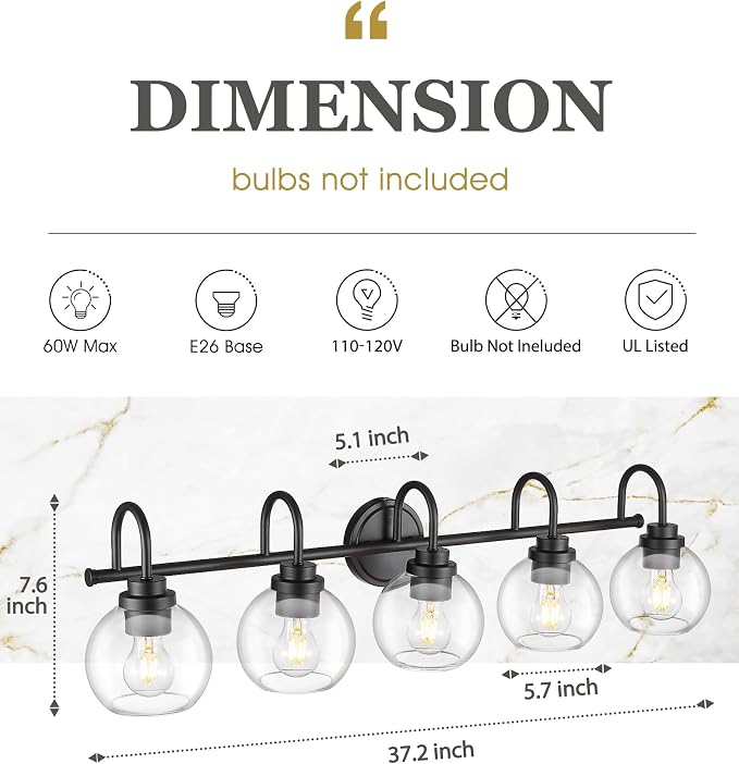Bathroom Light Fixtures, 5-Light Matte Black Vanity Lights with Globe Clear Glass, 35 Inch Modern Vanity Lighting Fixtures Over Mirror, AD-22280-5W-BK