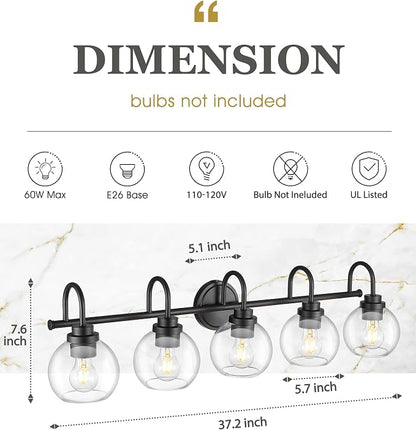 Bathroom Light Fixtures, 5-Light Matte Black Vanity Lights with Globe Clear Glass, 35 Inch Modern Vanity Lighting Fixtures Over Mirror, AD-22280-5W-BK