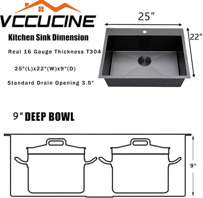 VCCUCINE 25 Inch Black Drop in Kitchen Sink,25x22 Inch Gunmetal Black Single Bowl Stainless Steel Basin Topmount Kitchen Sink,16 Gauge Metal Laundry Sink Black Small Kitchen Sink