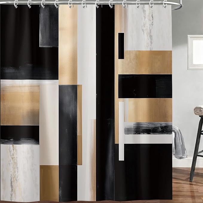 Black and Gold Abstract Shower Curtain Set, Modern Art Aesthetic Oil Painting Shower Curtain, Boho Neutral Artistic Fabric Waterproof Bathroom Curtains with 12PCS Hooks 72X84IN Brown Beige