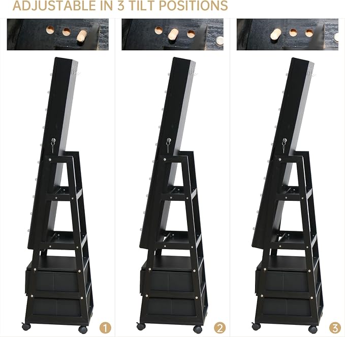 Jewelry Armoire Cabinet Organizer Standing with 20 LED Lights Lockable | Full Length Mirror with Storage Shelves and 2 Drawers (Black) Adjustable Tilt Angles Gift for Her