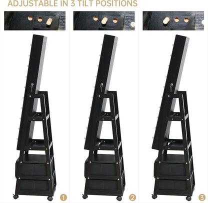Jewelry Armoire Cabinet Organizer Standing with 20 LED Lights Lockable | Full Length Mirror with Storage Shelves and 2 Drawers (Black) Adjustable Tilt Angles Gift for Her