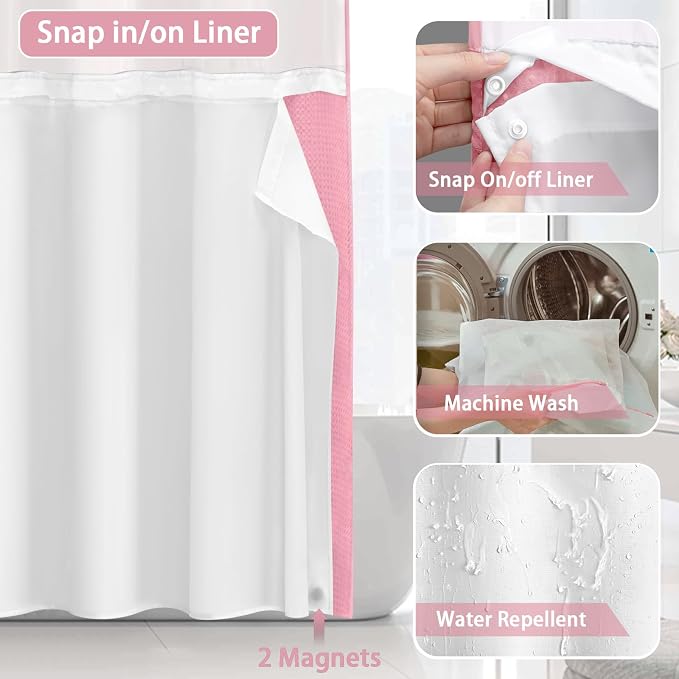 No Hook Shower Curtain with Liner Set Hotel Waffle Blush Pink 72W X 75L | Washable Snap in Fabric Liner, Mesh Top Window, Waffle Hotel Style Shower Curtain Set