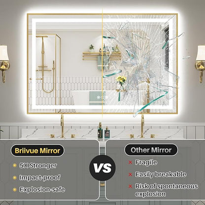 40x32 Inch LED Bathroom Mirror with Gold Frame, Backlit & Front Lit, Anti-Fog Lighted Bathroom Vanity Mirror for Wall, Memory Function, Dimmable, HD Tempered Glass, Shatter-Proof